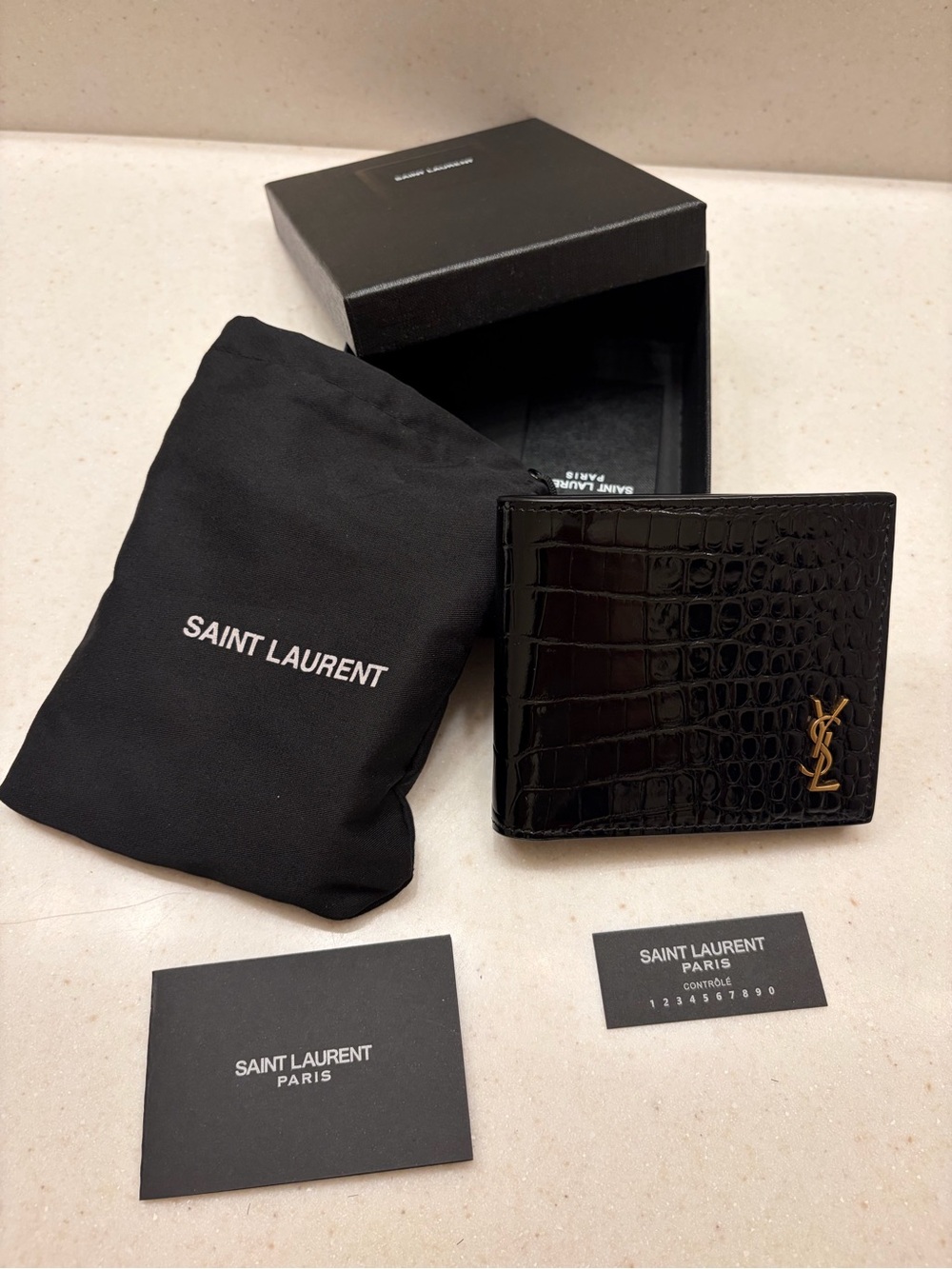 Saint Laurent Black Croc-Embossed Leather Bi-Fold Wallet